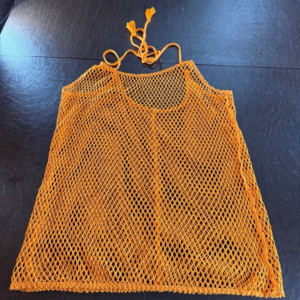 Neon Orange Fish Net Mesh Tank Top with Neck Ties - Picture 1 of 4